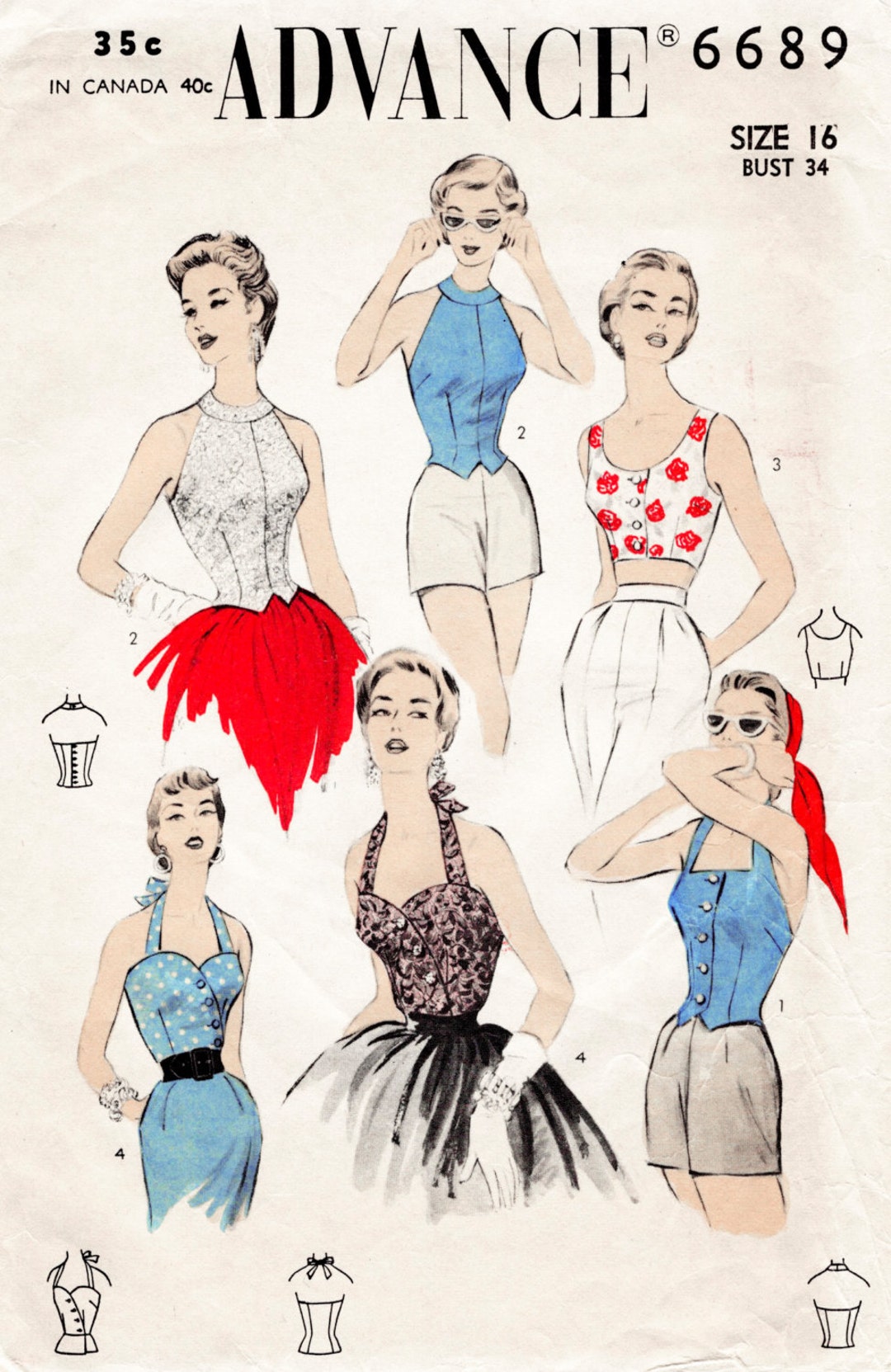 Vintage Sewing Pattern 1950s 50s 4 Styles Bustier Crop Top Halter