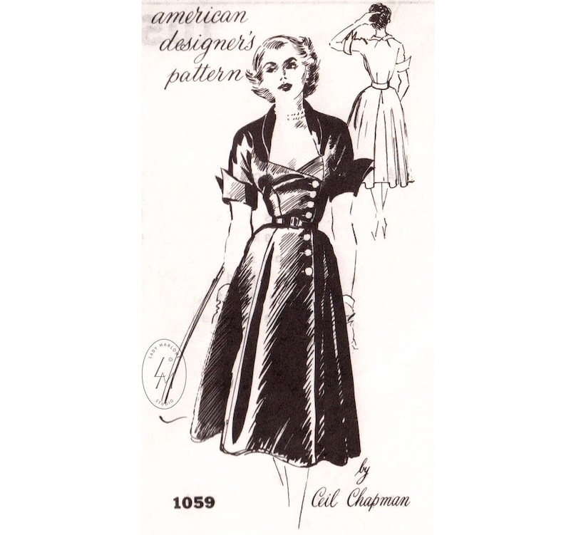 May include: A black and white illustration of a woman wearing a dress with a belt and a collar. The dress has a fitted bodice and a full skirt. The illustration is from an American designer's pattern, number 1059, by Ceil Chapman.