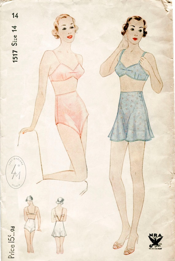 Vintage Sewing Pattern 1930s 1940s Lingerie Pattern Vintage Bra Bralette &  Tap Shorts Bust 32 B32 Reproduction 