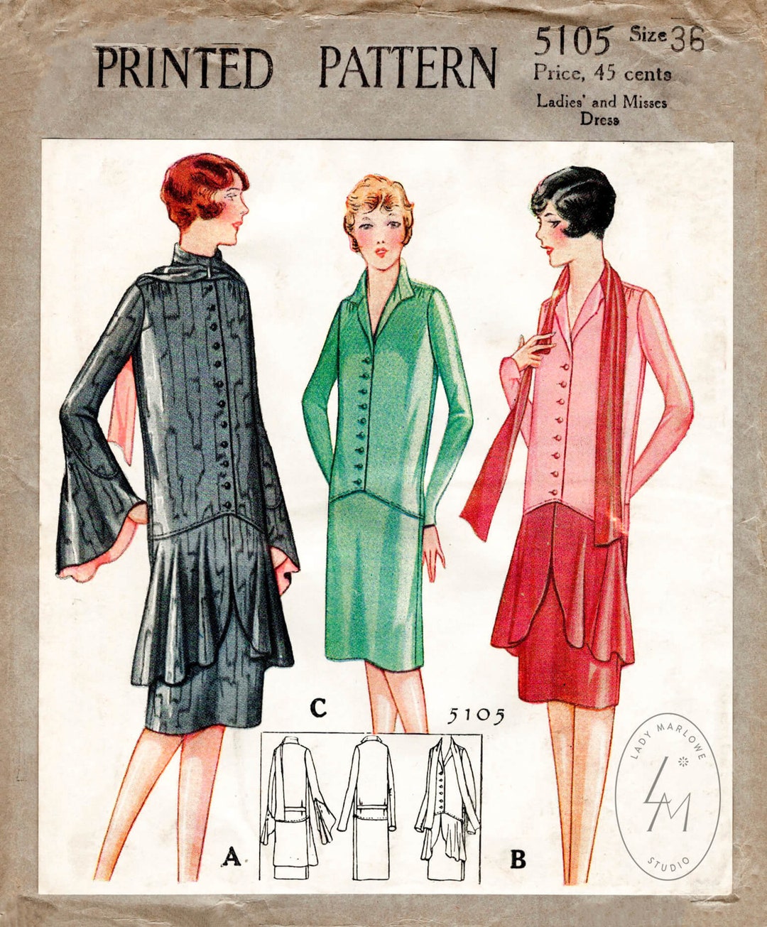 Vintage Sewing Pattern 1920s 20s Flapper Dress Reproduction // Three ...
