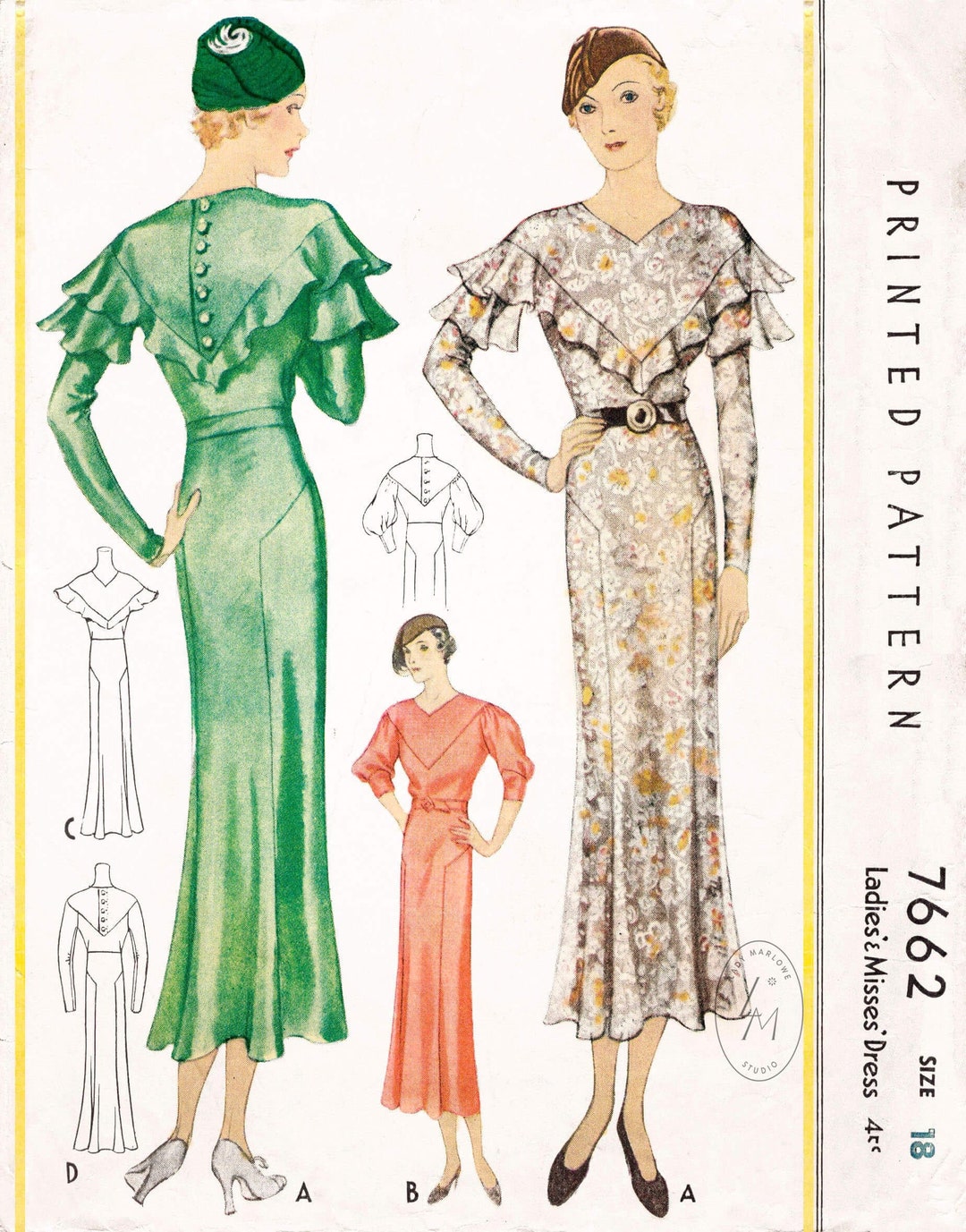 1930s Vintage Sewing Pattern Reproduction 30s Dress / Sleeves in 3 ...