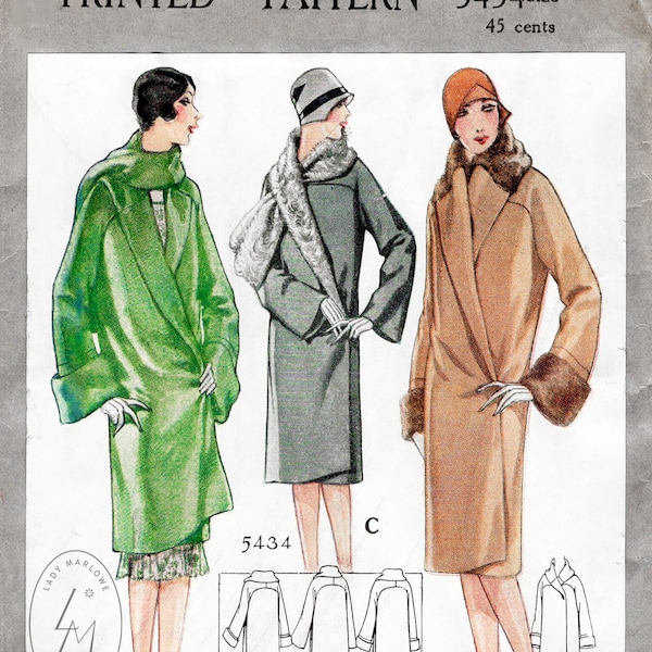 vintage sewing pattern 1920s 20s winter coat // reproduction // fur scarf collar // shawl collar // wide cuffs // 3 styles // bust 34