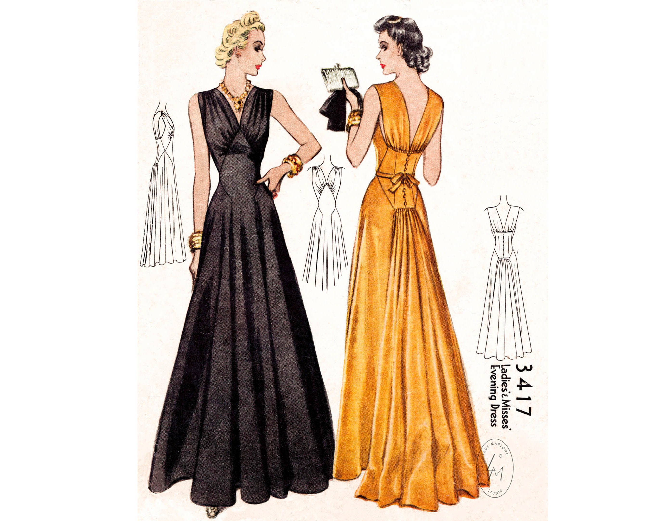 Patron de couture vintage années 1930 années 30 robe de jour ou de soirée  coupe veste // reproduction / taille haute / jupe évasée / Buste 32 34 36  38 / 1930 -  France