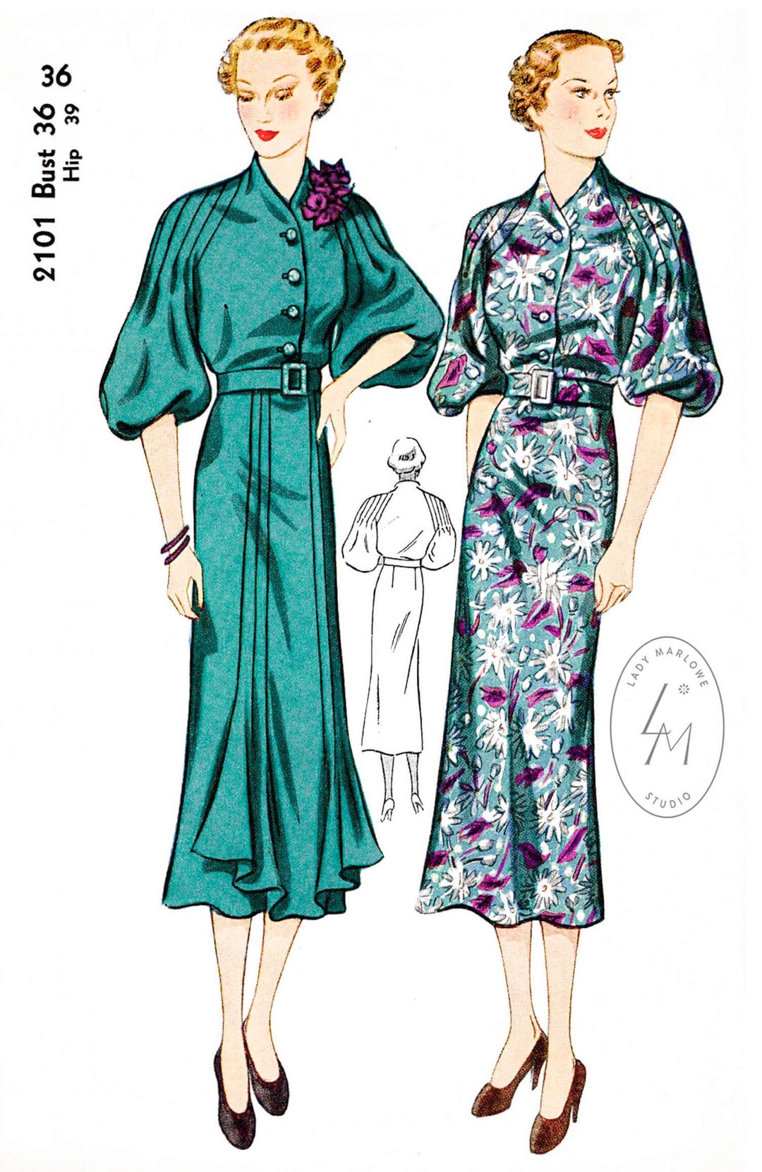 1930s 30s Dress Vintage Sewing Pattern // 2 Styles // Bishop Sleeves ...