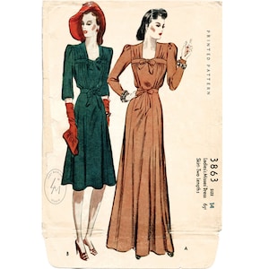 1940 vintage sewing pattern 1940s 40s   evening gown cocktail dress gathered bodice bow waist bust 32 34 36 38 40 42 44