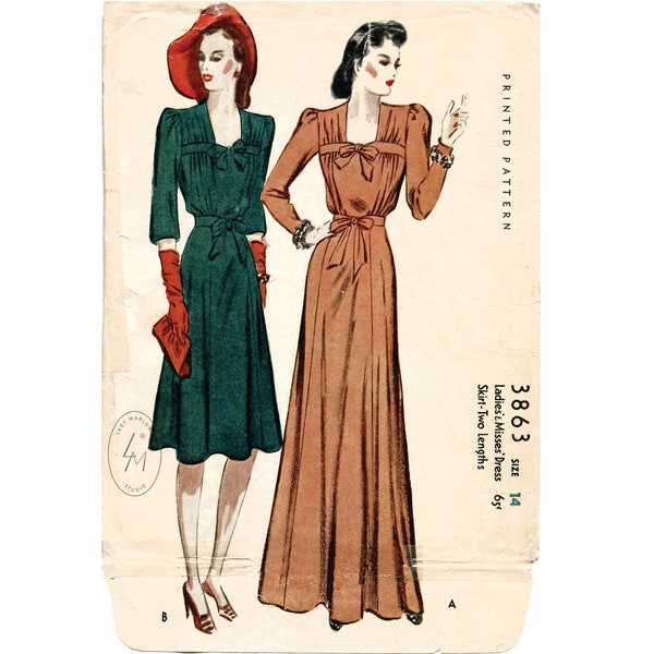 1940 vintage sewing pattern 1940s 40s   evening gown cocktail dress gathered bodice bow waist bust 32 34 36 38 40 42 44