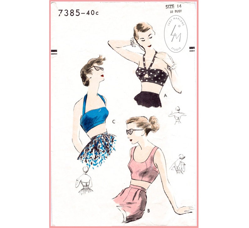 Op de afbeelding: Vintage naaipatroon voor een haltertop badpak met drie verschillende stijlen. Het patroon is voor maat 14, 32 borstomvang. Het patroonnummer is 7385-40c. Het patroon is van Lady Marlowe Studio.