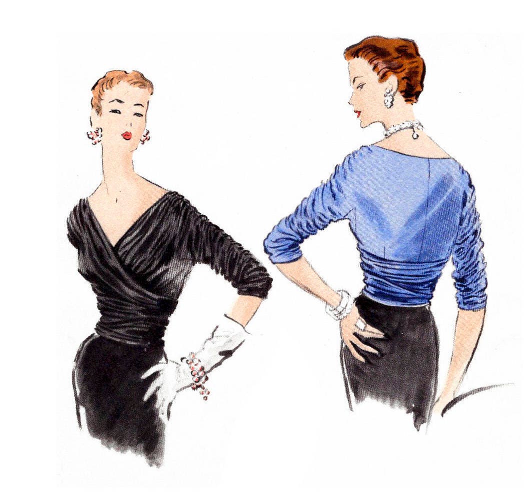 vintage sewing pattern 1950s 50s wrap blouse // reproduction // deep V plunge neckline // shirring detail // Bust 36