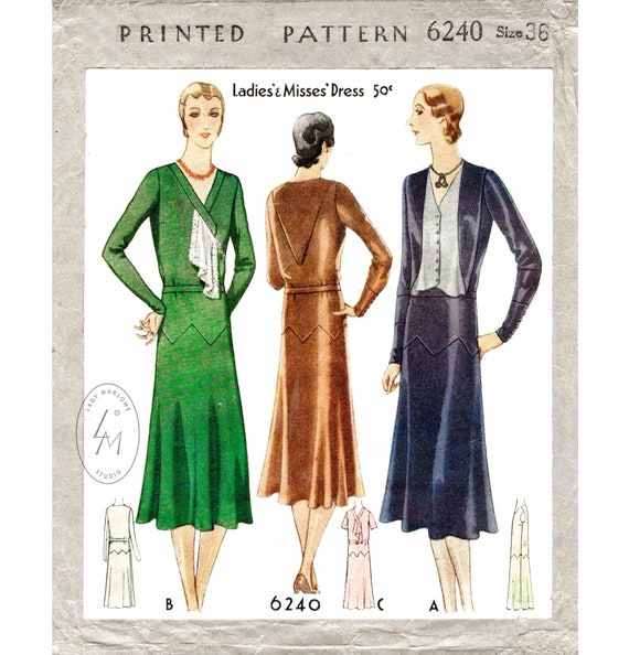 Vintage Sewing Pattern 1920s 1930s Pattern Flapper Day Dress Bias 3 Styles  Cut Collar Drop Waist Vintage Sewing Bust 36 Reproduction - Etsy