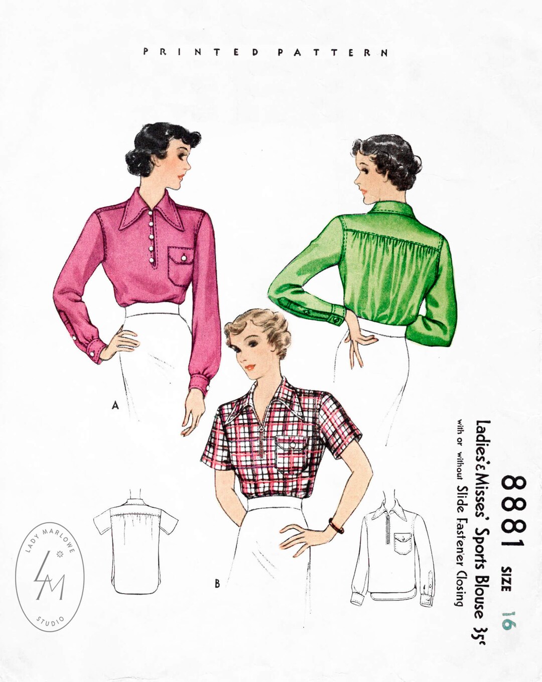 Vintage Sewing Pattern 1930s 30s Blouse Pattern // Button Down ...