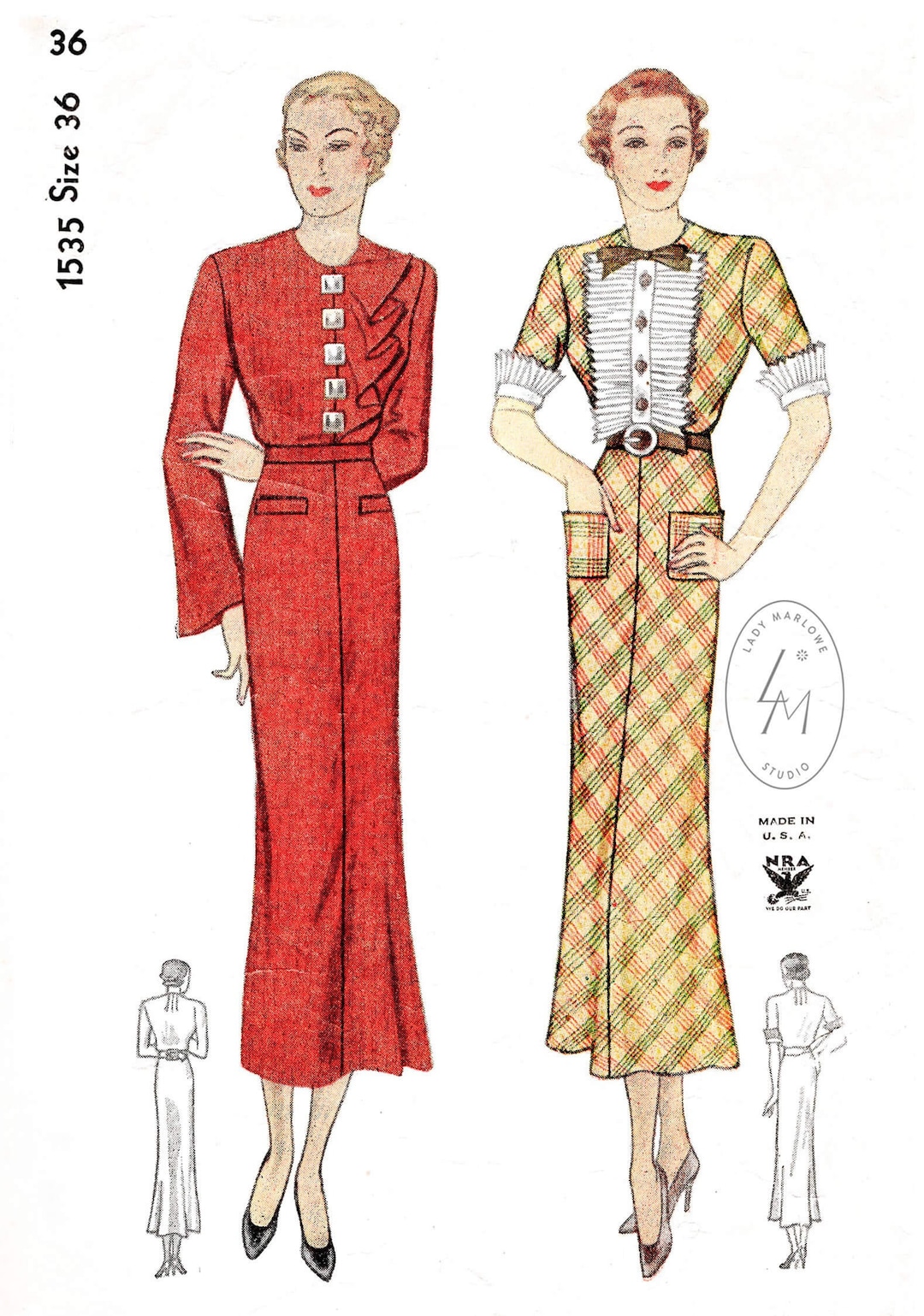 Vintage Sewing Pattern 1930s 30s Dress // Art Deco Details // Ruffle ...