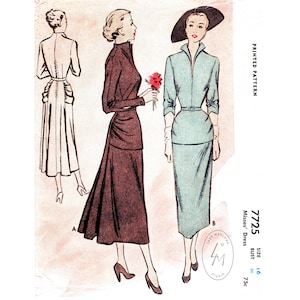 May include: Vintage sewing pattern for a dress with a fitted bodice and a skirt with a slight A-line shape. The pattern is for size 16 and includes instructions for making the dress. The pattern is printed on paper and has a vintage aesthetic.