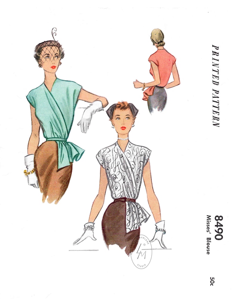 May include: Vintage sewing pattern for a women's blouse. The pattern is for a wrap style blouse with a tie at the waist. The pattern is printed on paper and includes instructions and diagrams. The pattern number is 8490 and the price is 50 cents. The pattern is for misses' sizes.
