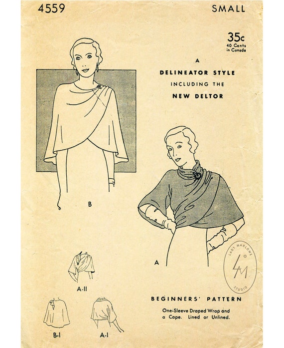Vintage Sewing Pattern 1930s 30s Cape Shawl Draped Wrap Size Small Bust 32  34 / Reproduction / 1930 -  Canada