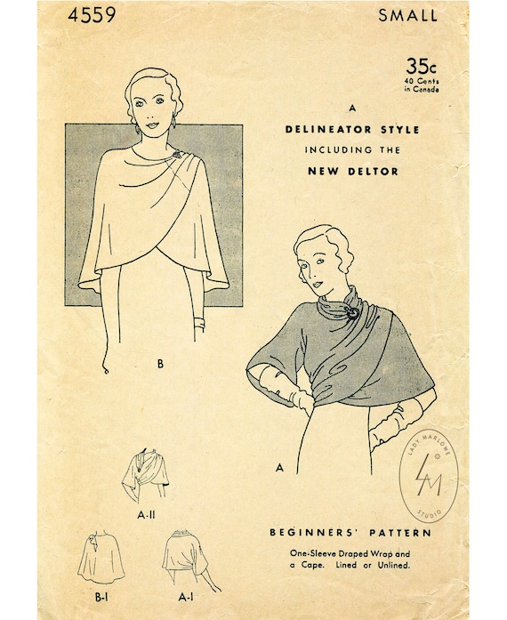 Vintage Sewing Pattern 1930s 30s Cape Shawl Draped Wrap Size Small