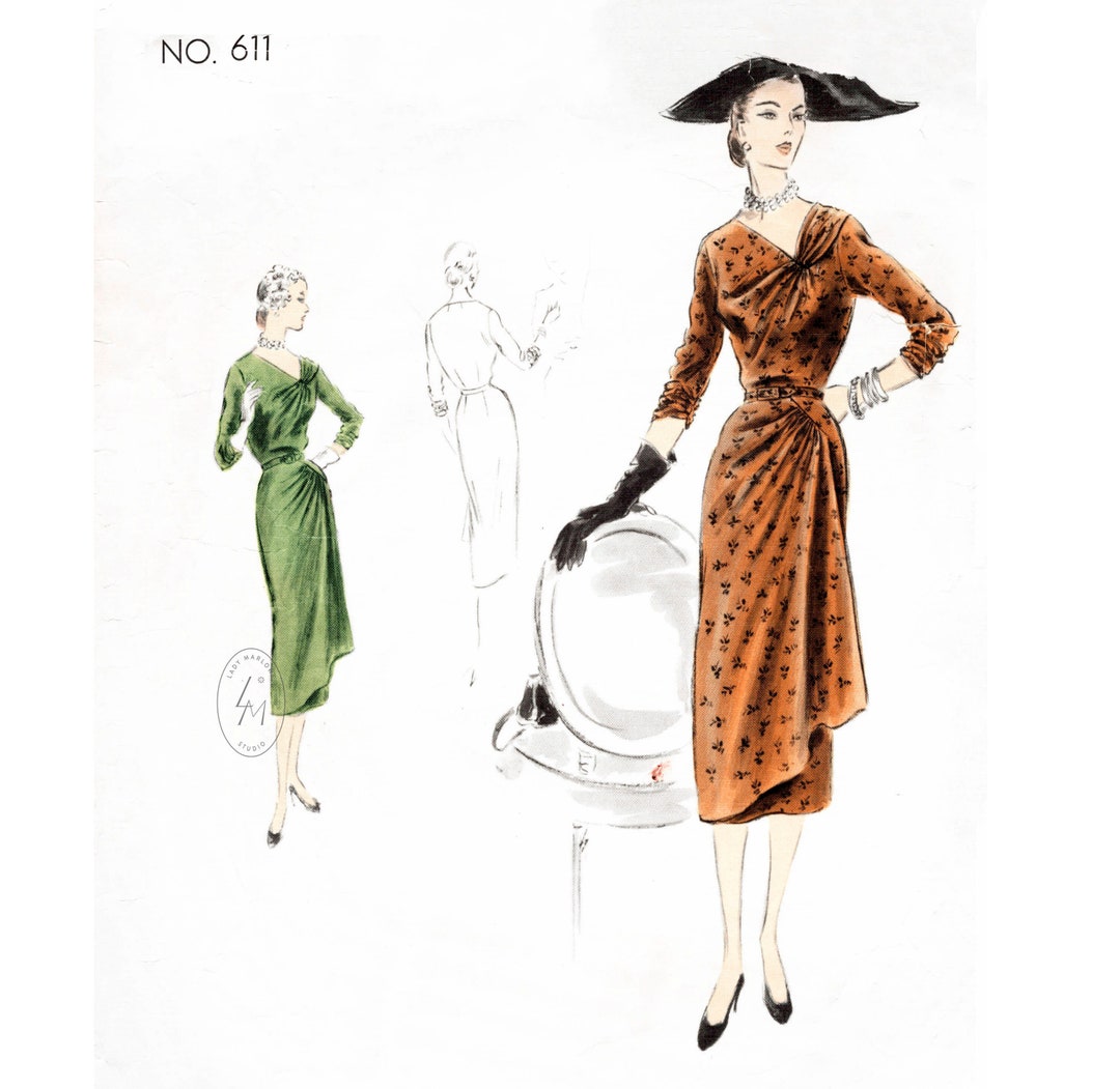 Vintage Sewing Pattern 1950s 50s Draped Dress // Asymmetric Drapery ...