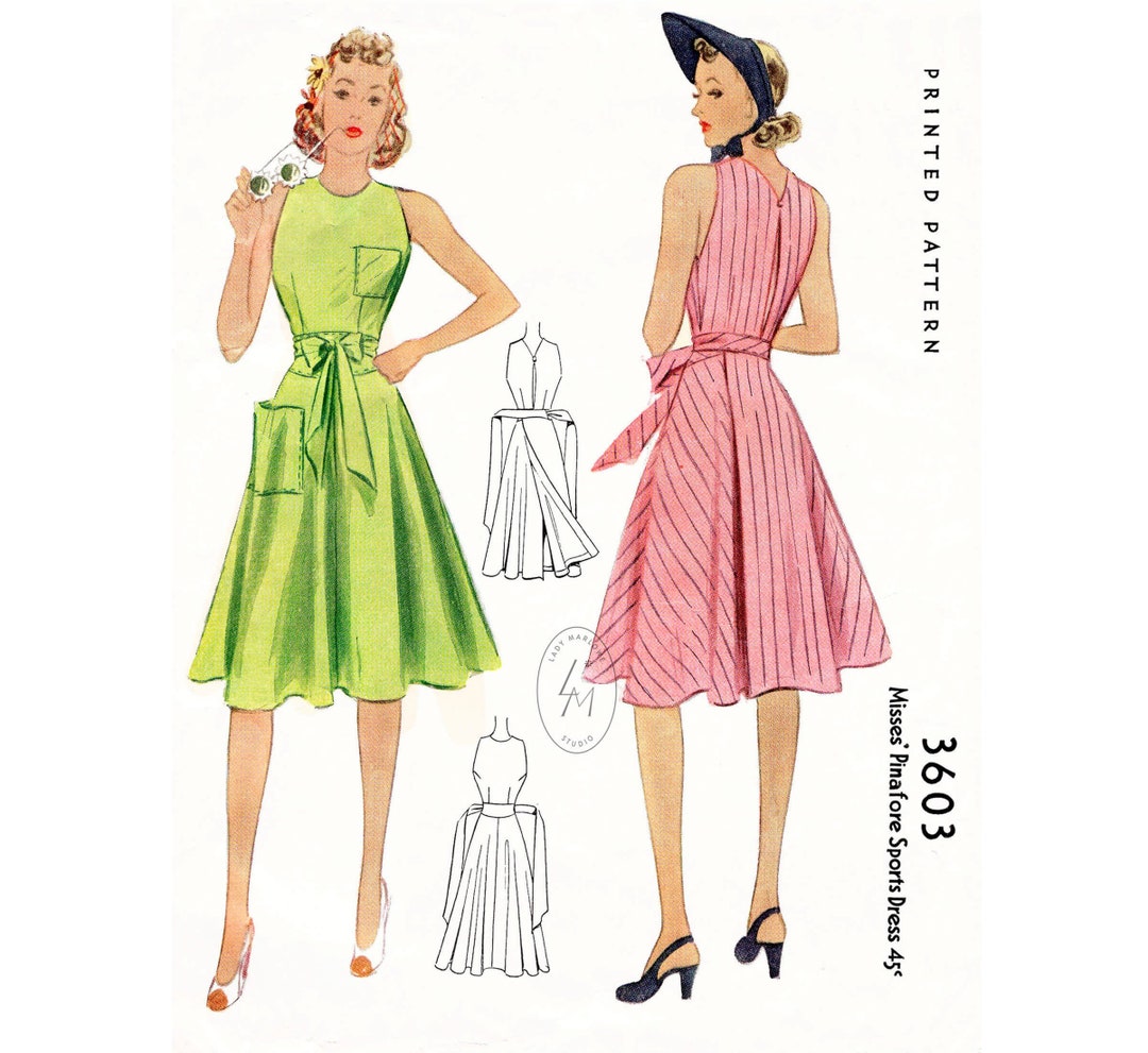 1940 1940s 40s Dress Pattern / Pinafore Sun Dress / Faux Wrap Skirt