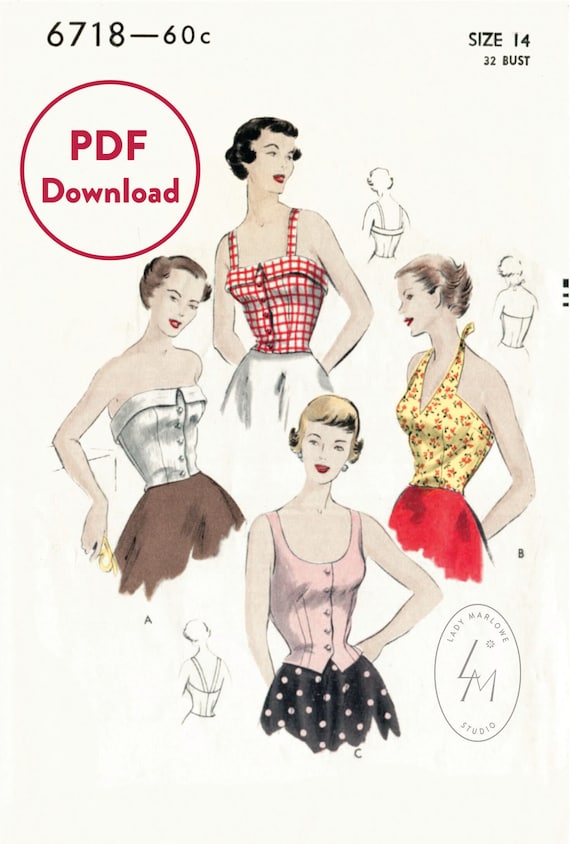Vintage Sewing Pattern 1950s 50s Crop Top Halter Blouse Bustier