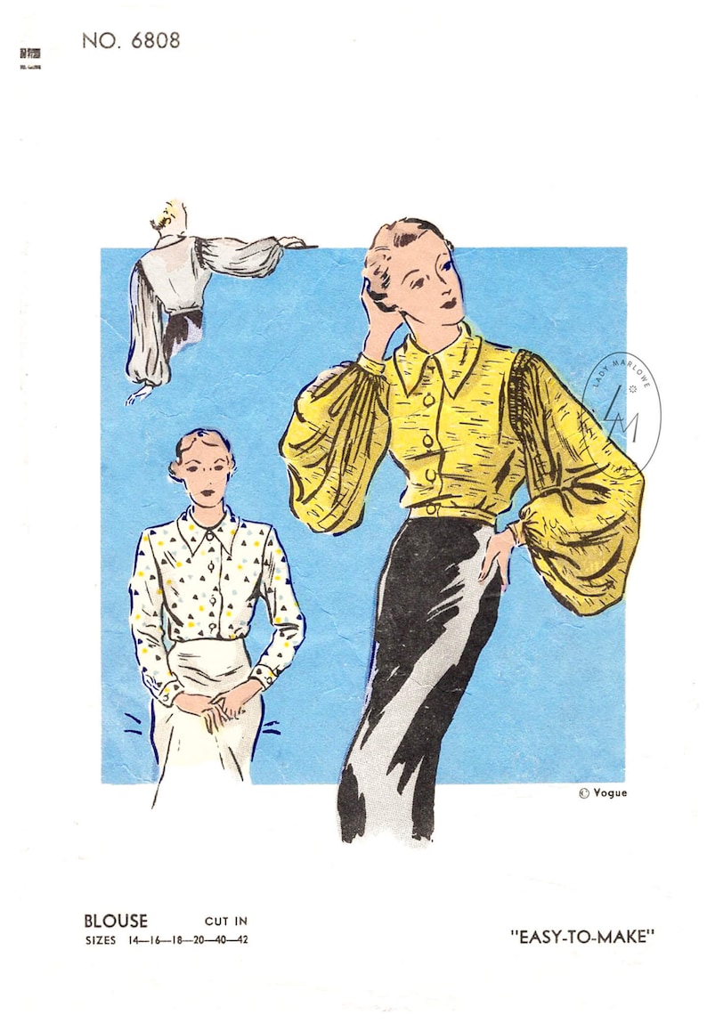 Pu&ograve; includere: Un cartamodello vintage per una blusa con un motivo a righe gialle e bianche. Il cartamodello &egrave; etichettato "No. 6808" e "Easy-to-Make". Il cartamodello include le taglie 14-16-18-20-40-42.