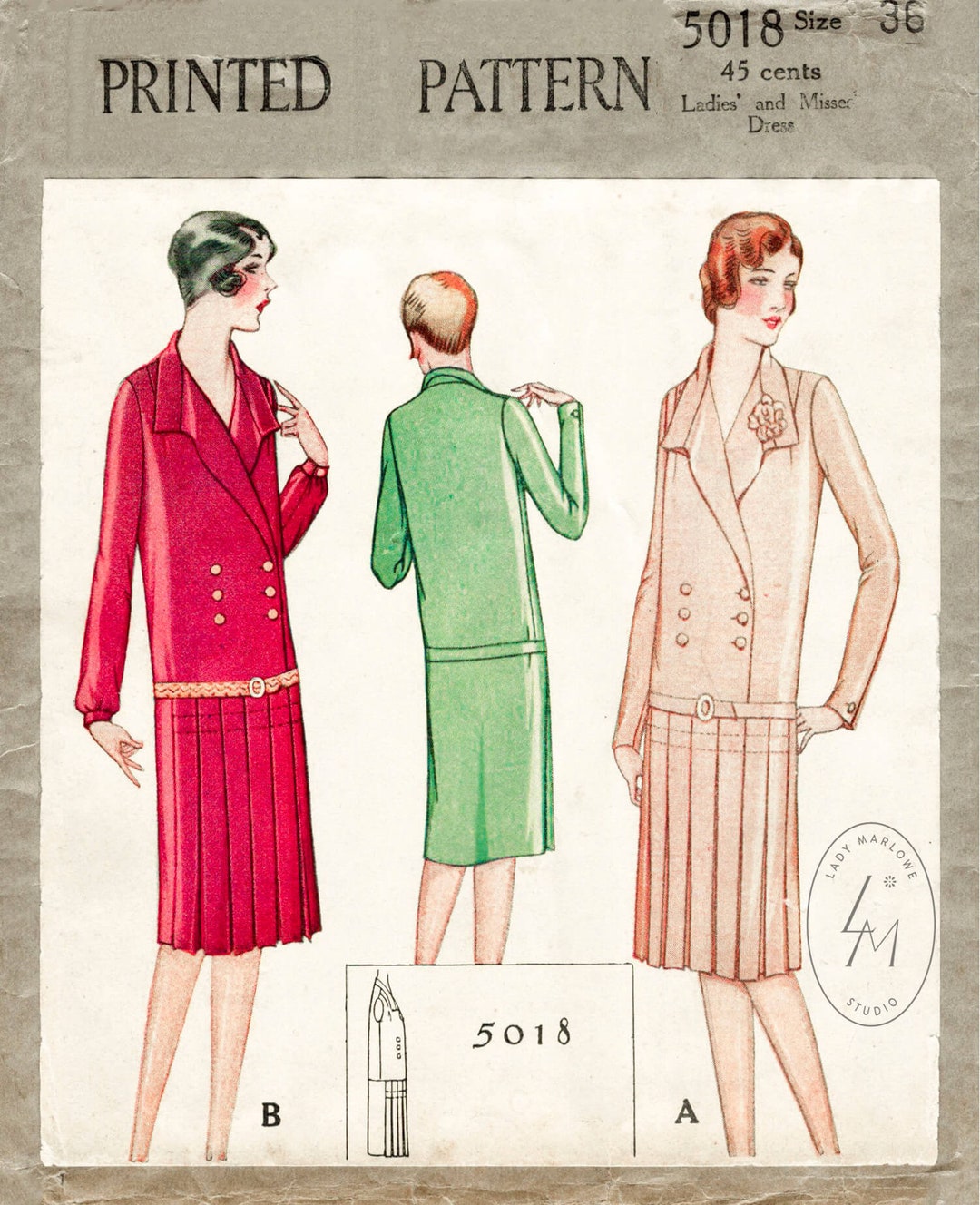 Vintage Sewing Pattern 1920s 20s Flapper Day Dress Notched Collar Drop ...