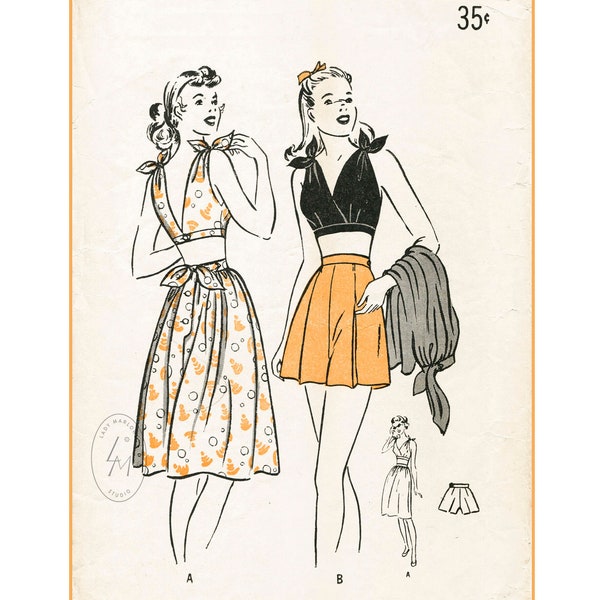vintage sewing pattern 1940s 40s  playsuit beach romper tie shoulder crop top halter high waist shorts sun skirt bust 34 reproduction