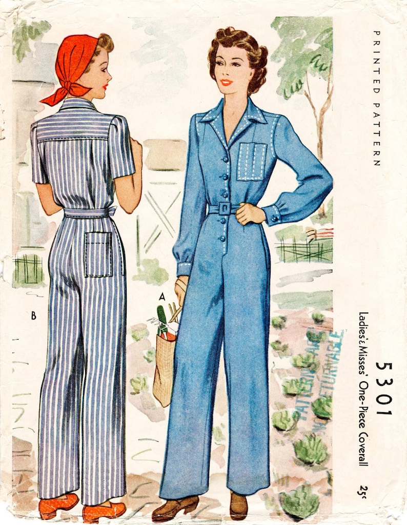 Rosie the Riveter Costume & Outfit Ideas     1940s repro vintage womens sewing pattern // rosie riveter // overalls jumpsuit boiler suit workwear // PICK YOUR SIZE // English & French $22.80 AT vintagedancer.com