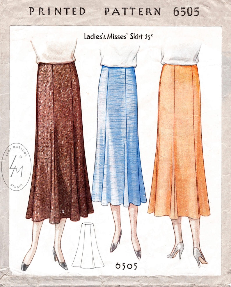 1930s Sewing Patterns- Dresses, Pants, Tops 1930s 30s pattern // 6 piece gored skirt with flounce hem // vintage sewing pattern reproduction // XS S M L XL $18.80 AT vintagedancer.com