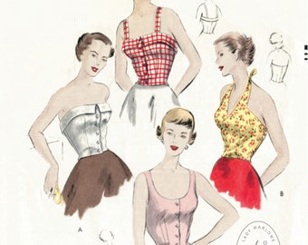 vintage sewing pattern 1950s 50s  crop top halter blouse bustier fitted PICK YOUR SIZE Bust 32 34 36 38
