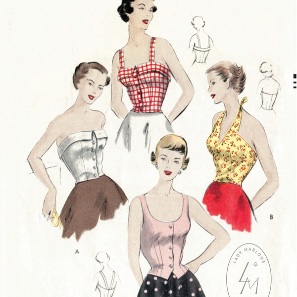 vintage sewing pattern 1950s 50s  crop top halter blouse bustier fitted PICK YOUR SIZE Bust 32 34 36 38