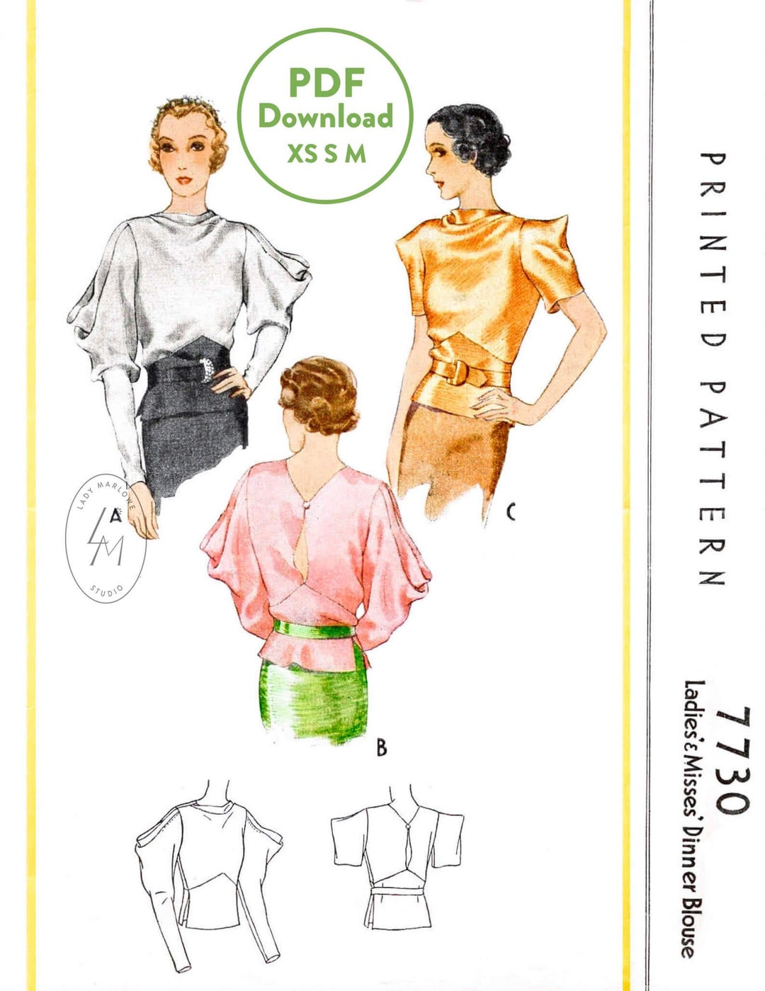 XS S M 1930s 30s Vintage Sewing Pattern Reproduction / Evening Blouse ...