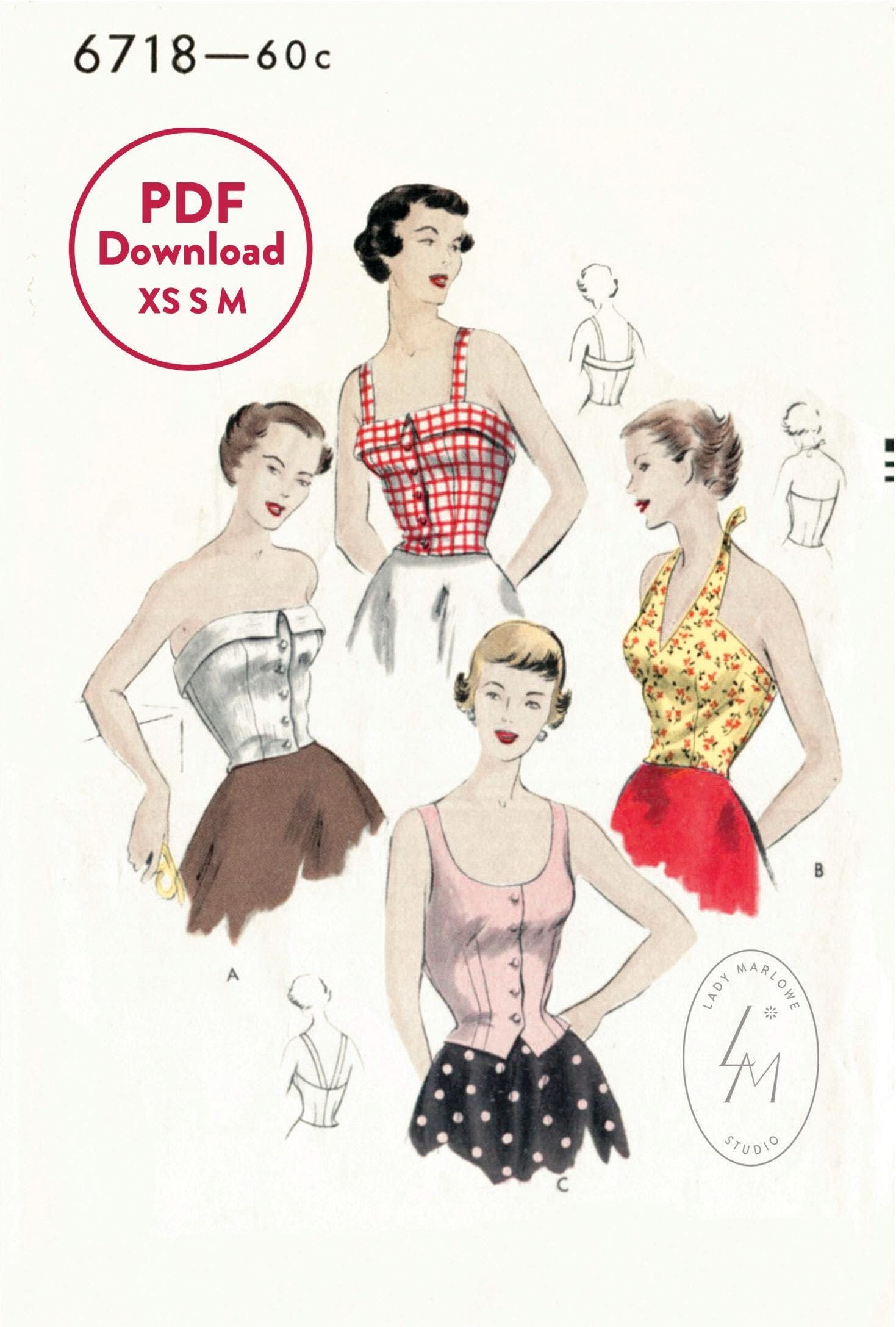 Buy Vintage Sewing Pattern 1950s 50s Crop Top Halter Blouse 