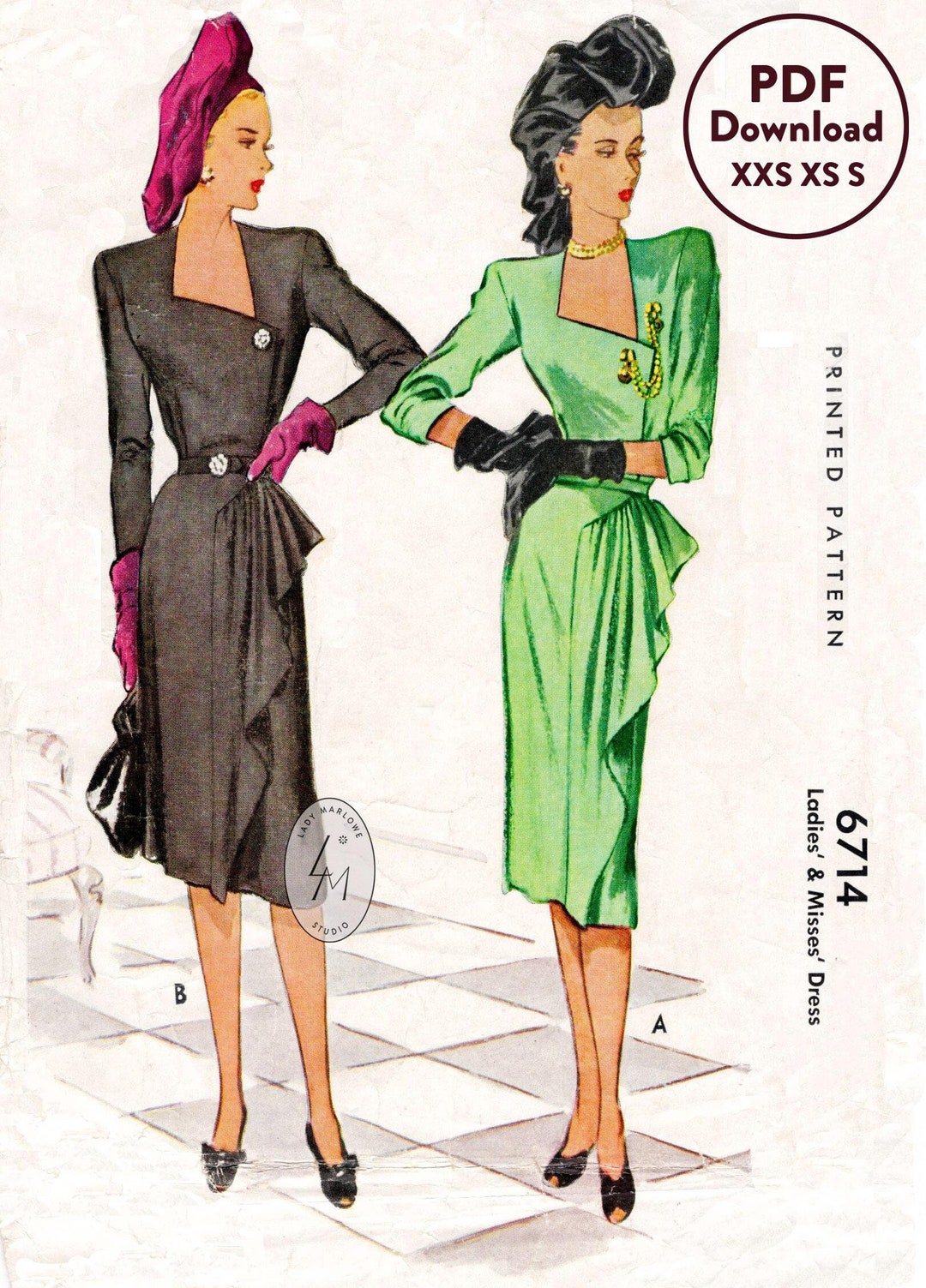 XXS XS S Vintage Sewing Pattern 1940s 40s Vintage Dress Sewing Pattern ...