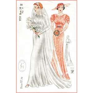 1930s vintage sewing pattern 30s gown  wedding bridal evening or afternoon dress bust 38 b38 / 1930 reproduction