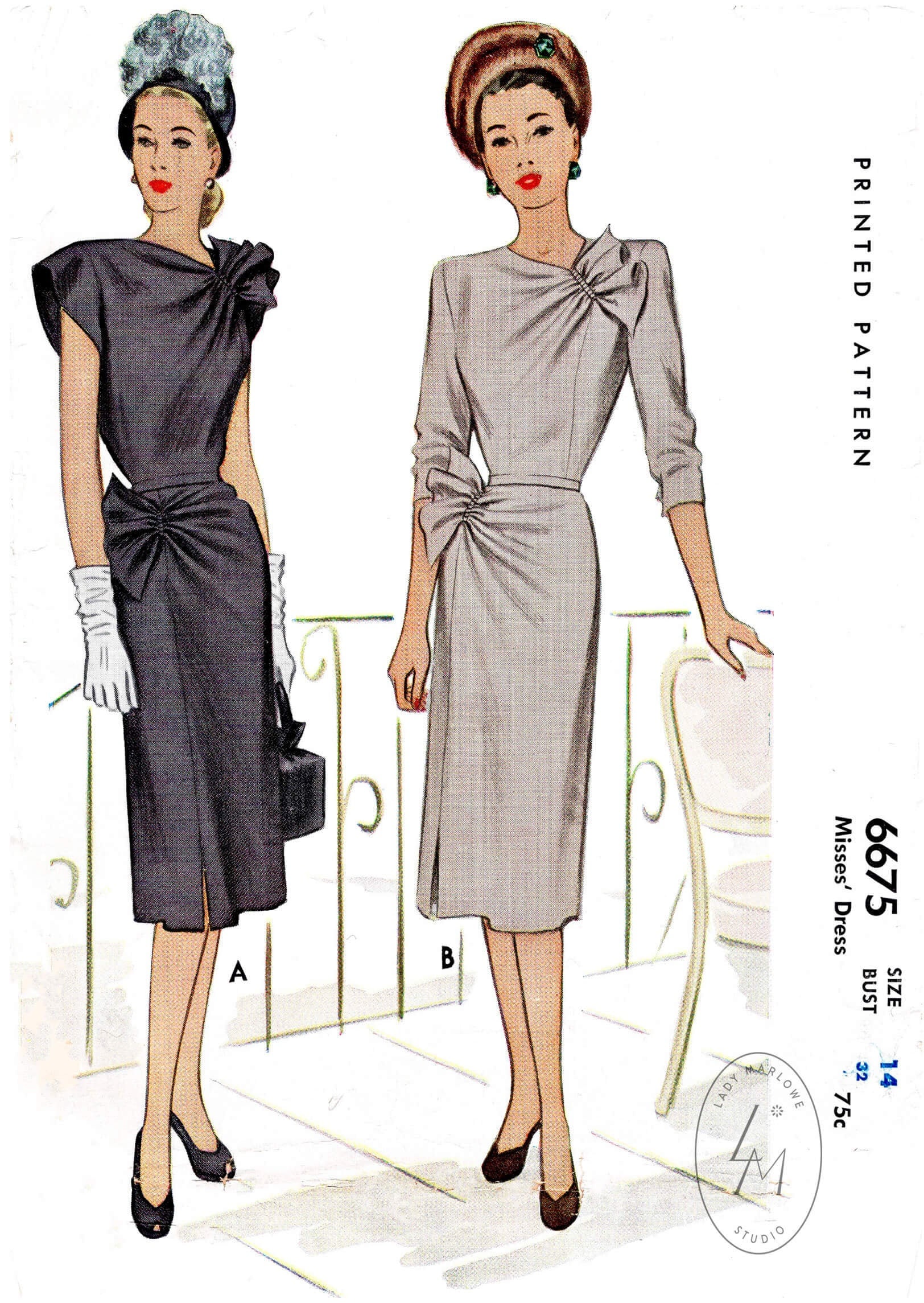 1940 Vintage Sewing Pattern 1940s Cocktail Dress Sewing Pattern Reproduction Asymmetric Gathers Long or Cap Sleeves Bust 32 Etsy