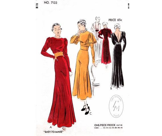 Vintage Sewing Pattern 1930s Evening Gown / Reproduction / Wedding