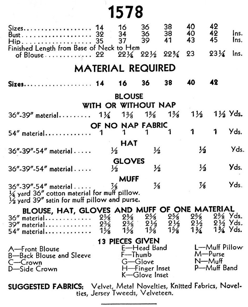 May include: A vintage sewing pattern for a blouse, hat, gloves, and muff. The pattern includes instructions for sizes 14, 16, 36, 38, 40, and 42. The pattern also includes a list of suggested fabrics, including velvet, metal novelties, knitted fabrics, novelties, jersey tweeds, and velveteen.