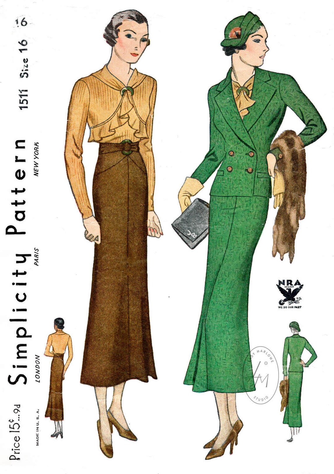 Vintage Sewing Pattern 1930s 30s 3 Piece Suit // Ruffle Blouse ...