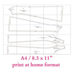 Pode incluir: Um padr&atilde;o de costura preto e branco para uma pe&ccedil;a de roupa, impresso em um fundo branco. O padr&atilde;o &eacute; etiquetado como "A4 / 8.5 x 11" formato de impress&atilde;o em casa".