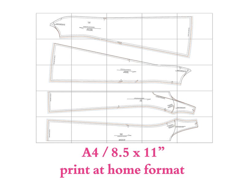 Pode incluir: Um padr&atilde;o de costura preto e branco para uma pe&ccedil;a de roupa, impresso em um fundo branco. O padr&atilde;o &eacute; etiquetado como "A4 / 8.5 x 11" formato de impress&atilde;o em casa".