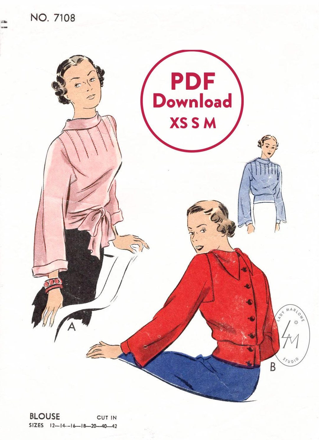PDF Vintage Sewing Pattern 30s Blouse Reversed Collar Wide Cuff Top XS ...