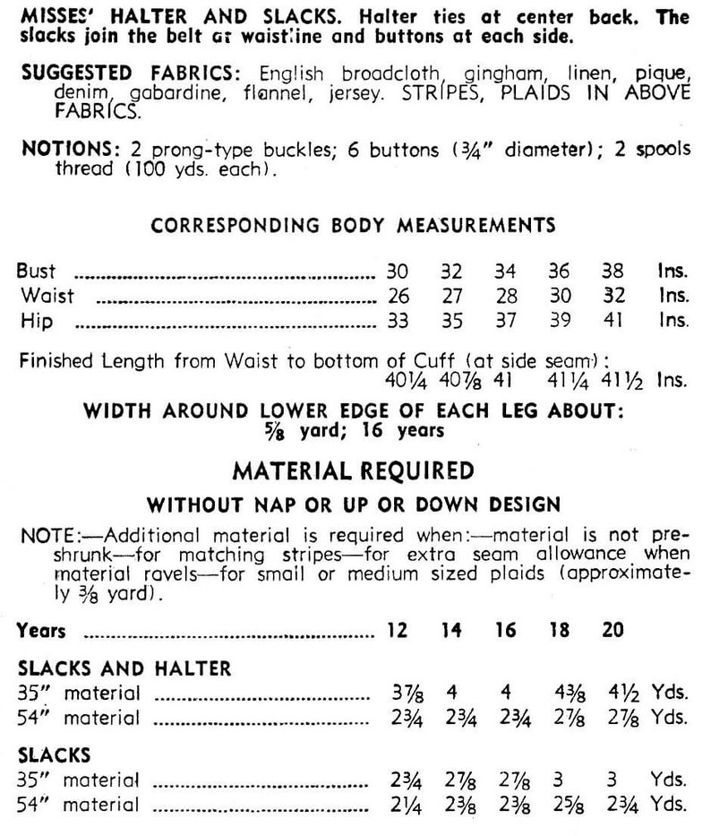 Op de afbeelding: Een naaipatroon voor een haltertop en broek. Het patroon bevat instructies voor het maken van het kledingstuk in verschillende maten en stoffen. Het patroon bevat ook een tabel met de overeenkomstige lichaamsmaten voor verschillende maten.