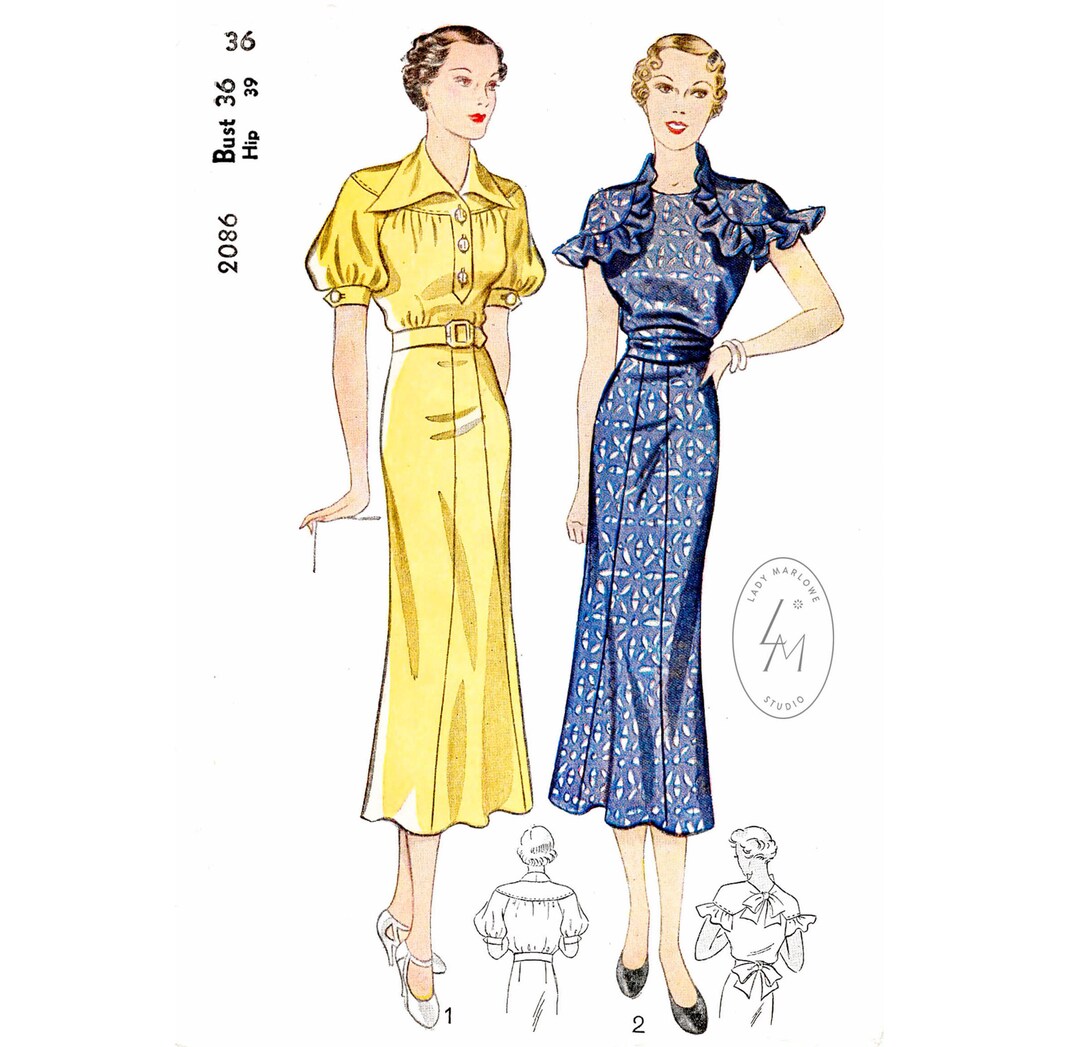 Vintage Sewing Pattern 1930s 30s Dress Reproduction // Frills & Ruffles ...