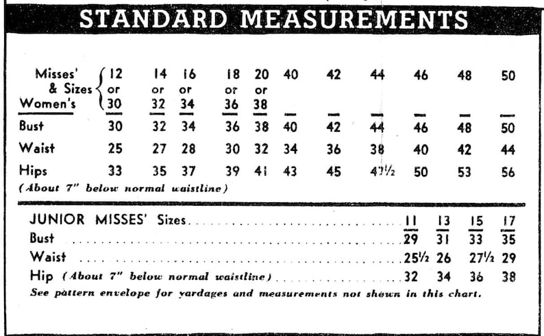 Pu&ograve; includere: Un grafico in bianco e nero con misure standard per le taglie da donna e da ragazza. Il grafico elenca le misure di busto, vita e fianchi in pollici per ogni taglia.