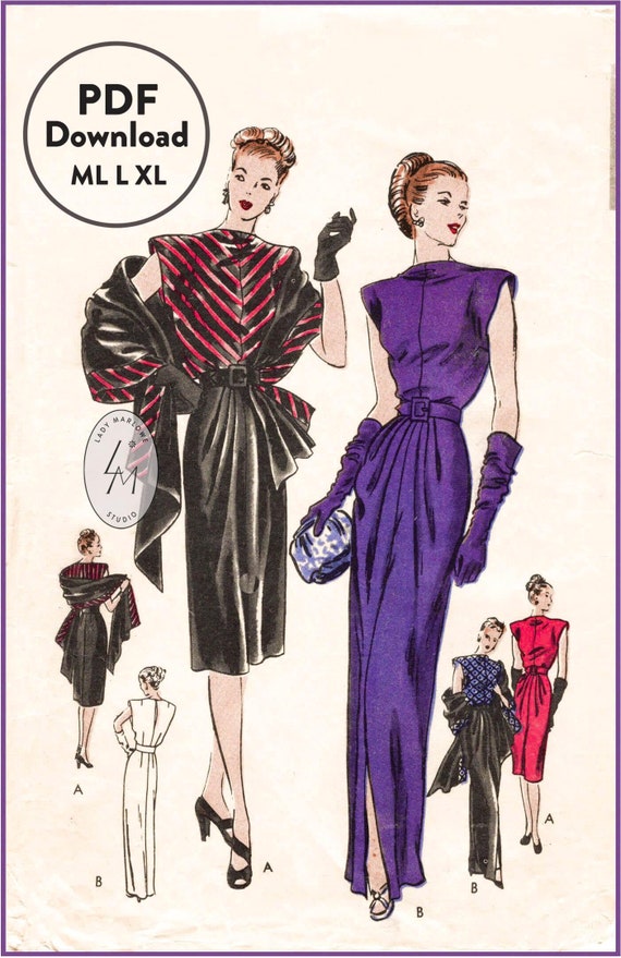ML L XL 1940s 40s Vintage Sewing Pattern Reproduction / Film Noir Dress  Evening Gown Soft Pleats Draped Skirt & Shawl Stole Instant Download - Etsy