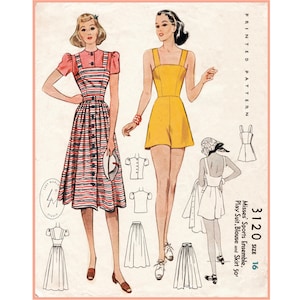 1930s vintage sewing pattern 30s sportwear ensemble playsuit skirt blouse beachwear bust 34 b34 reproduction