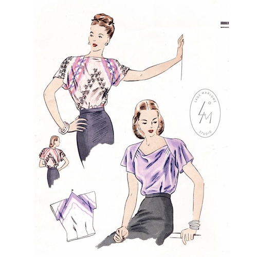 1940 vintage sewing pattern 1940s 40s blouse pattern reproduction // flutter sleeves // draped neckline //  bust 32 34 36 38 40