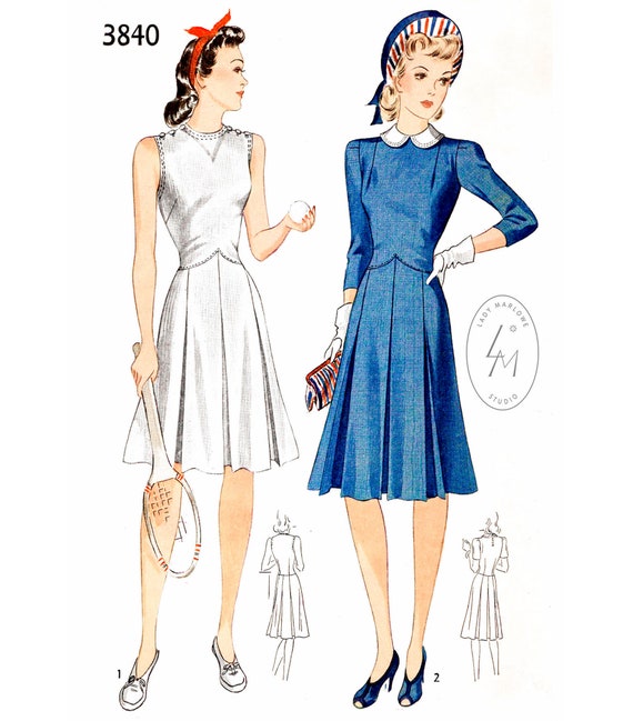 1940 Vintage Sewing Pattern 1940s 40s Dress Pattern // Reproduction // Sports Tennis Dress // Peter Pan Collar // Bust 32 34 36 38 - Etsy 1940 Vintage Sewing Pattern 1940s 40s Dress Pattern // Reproduction // Sports Tennis Dress // Peter Pan Collar // Bust 32 34 36 38 - Etsy