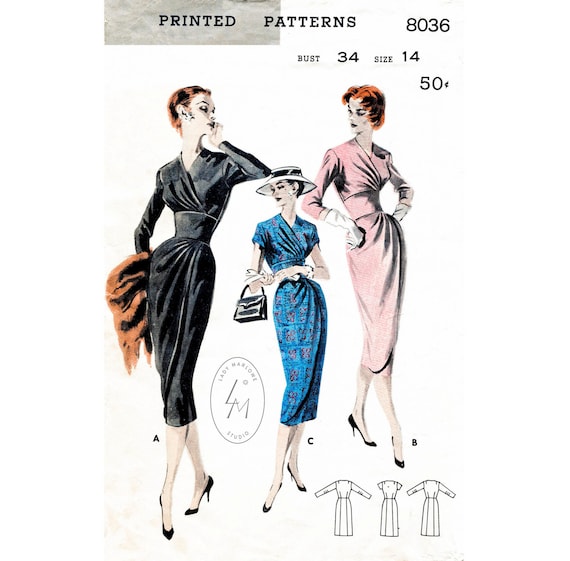 Vintage Sewing Pattern 1950s LBD Cocktail Dress Mock Wrap Dress Bust 34  English & French Reproduction 1950 50s - Etsy