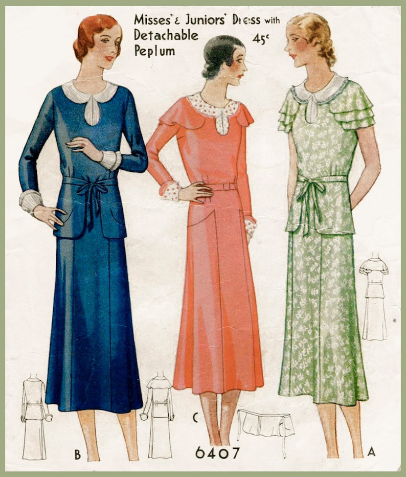 K&ouml;nnte beinhalten: Eine Vintage-Modeillustration von drei Frauen in Kleidern. Die Frau links tr&auml;gt ein blaues Kleid mit wei&szlig;em Kragen und Manschetten. Die Frau in der Mitte tr&auml;gt ein rosa Kleid mit wei&szlig;em Kragen und Manschetten. Die Frau rechts tr&auml;gt ein gr&uuml;nes Kleid mit wei&szlig;em Kragen und Manschetten. Die Illustration tr&auml;gt den Titel "Misses' & Juniors' Dress with Detachable Peplum 45c".
