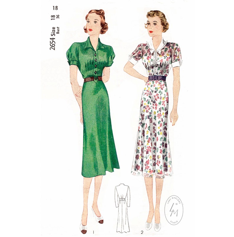 Vintage Sewing Pattern 1930s 30s Day Dress Reproduction // Puff Sleeves ...